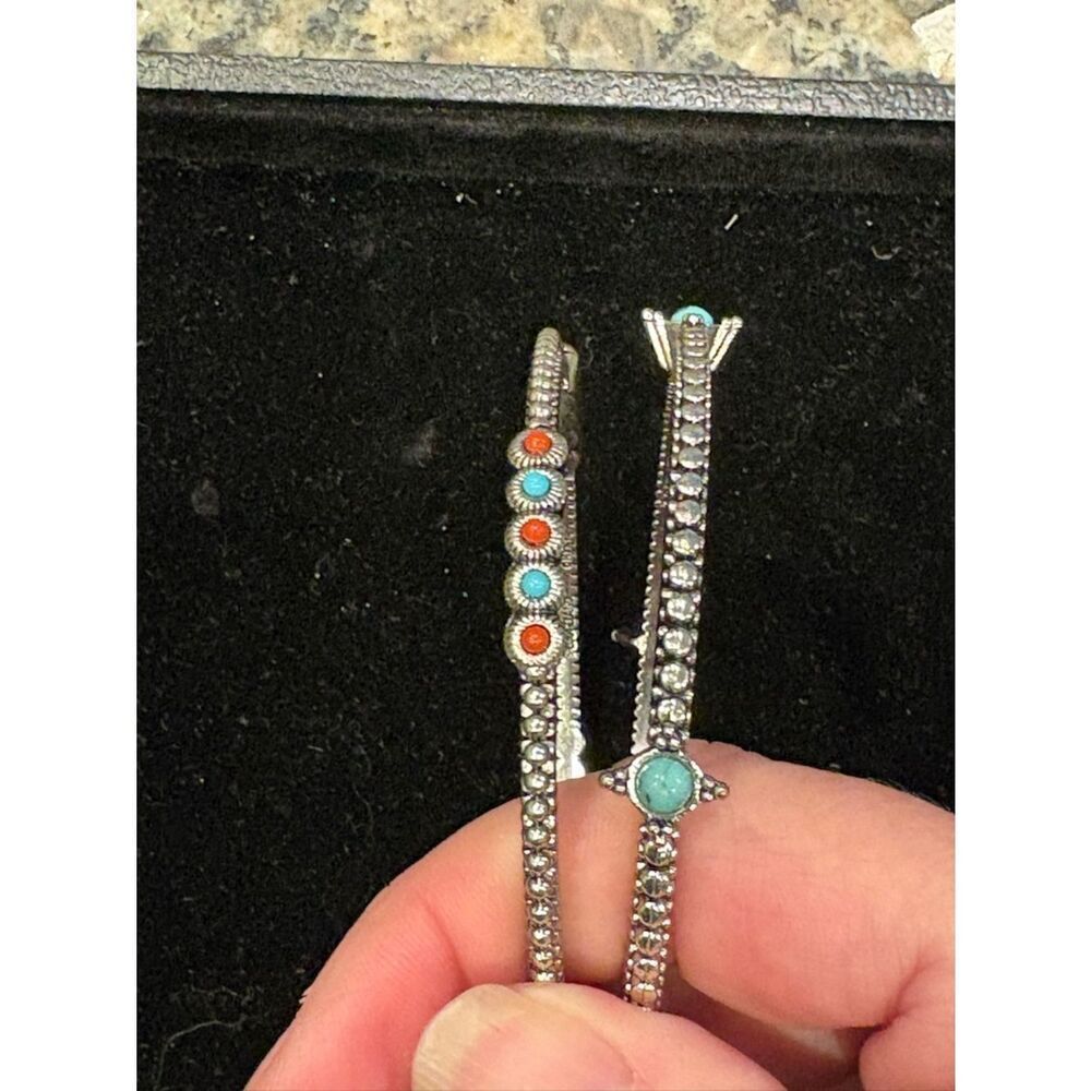 RJ Graziano Faux Turquoise and Coral Accent Silver Bangle Bracelets